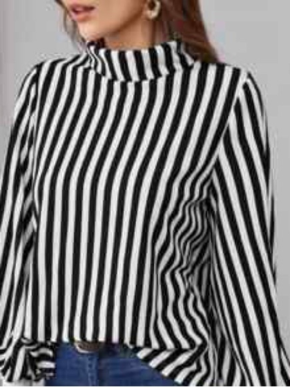 Black & White Striped Mock Neck Balloon Sleeve Top